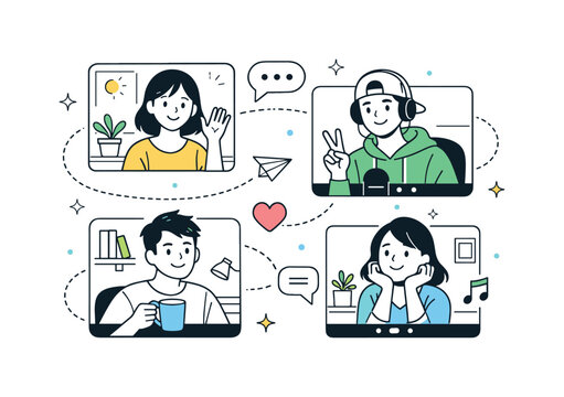 Virtual Friendship Connection. Video call with friends long distance. Friends connecting from different places through multiple screens. Feeling of closeness