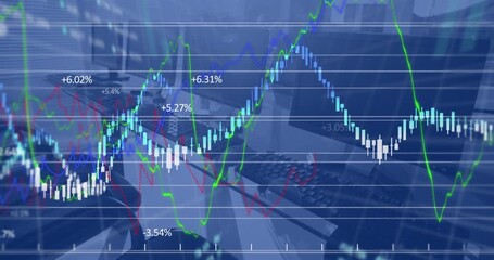 Animation of financial data processing against close up of desks at office - Powered by Adobe