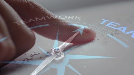 Animation of compass with text over caucasian child reading braille - Powered by Adobe