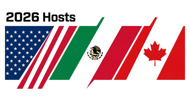United 2026 world cup hosts: the flags of usa, mexico, and canada prominently displayed isolated on white background