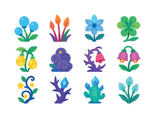 Obraz premium Magical Plant Icons. Magical plants. Colorful flat vector icons set of magical plants: mana bulbs, ember reeds, frost petals, arcane clovers, glowing sap pods,
