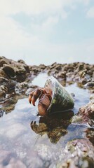 A Hermit Crab Occupying an Oversized Shell, with Other Crabs Waiting Nearby in Shallow Tide Pools, Shallow Depth of Field, Natural Morning Light, Muted Color Palette