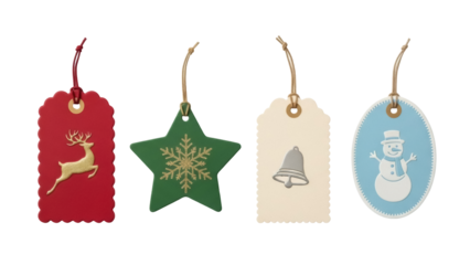Isolated Holiday gift tags with Christmas symbols for decoration, reindeer, bell, star