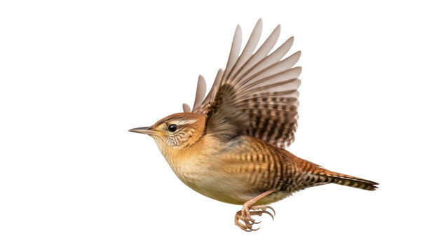 Isolated Carolina Wren in Flight with Wings Raised, Brown Plumage with Striped Appearance