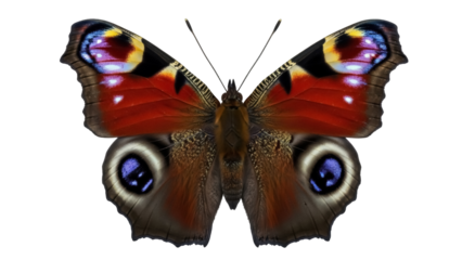 Isolated Eurasian Peacock Butterfly spreading its wings beautifully, insect macro closeup