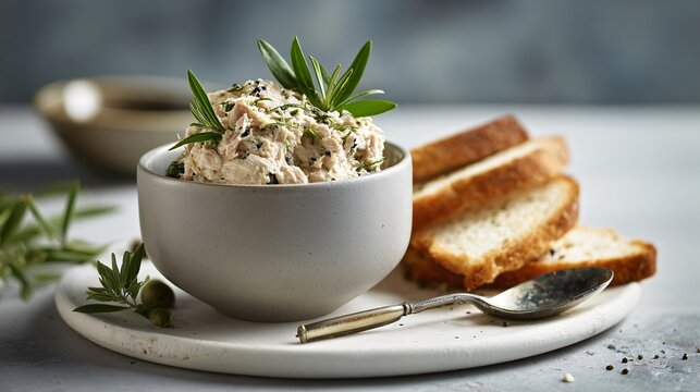 Smoked mackerel rillettes styled in modern ceramic bowl, clean lines