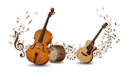 Violin, Guitar, and Drum with Musical Notes on White Background