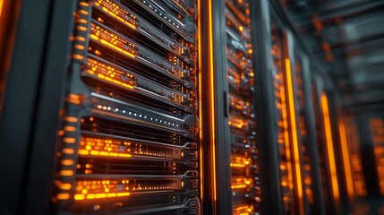 Backend infrastructure with amber luminous layers in a data center setting during nighttime