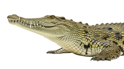 Obraz premium Isolated Crocodile with menacing teeth, ready to attack prey; predatory reptile, animal