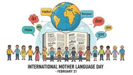 International Mother Language Day: A vibrant illustration promoting linguistic diversity, showing a global message of unity.