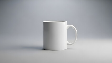 Obraz premium A plain white ceramic coffee mug with a handle sits on a light grey surface against a matching background.