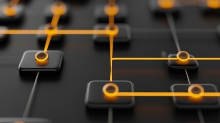 Backend processing systems with amber accents in a network layout at an office environment