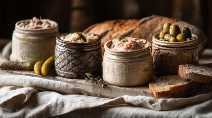 Ultimate rillettes presentation, pork, duck, and salmon rillettes in rustic ceramic jars with crusty bread, cornichons, and linen cloth, soft natural light, timeless French charcuterie photography