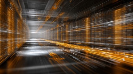 Data flow center processes information in backend systems with amber lights and smooth connections