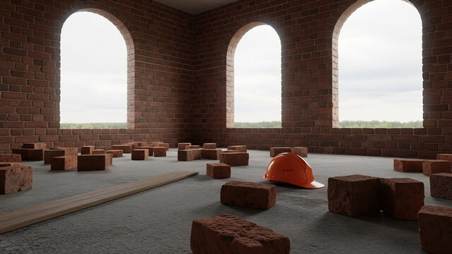 Bricklaying hardhat sits inside room with bright light