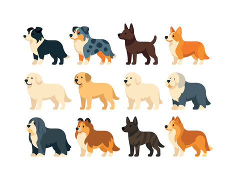 Farm Dog Vector Icons. Farm Dog Breeds. Colorful flat vector icons set of Farm Dog Breeds: border collie, australian shepherd, kelpie, corgi herder, great