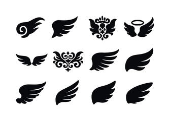 Obraz premium Angel Wing Icons. Angel wing decorative motifs. Solid icon set of angel wing decorative motifs: swirl ornament, feather flourish, ornate crest, halo swirl,