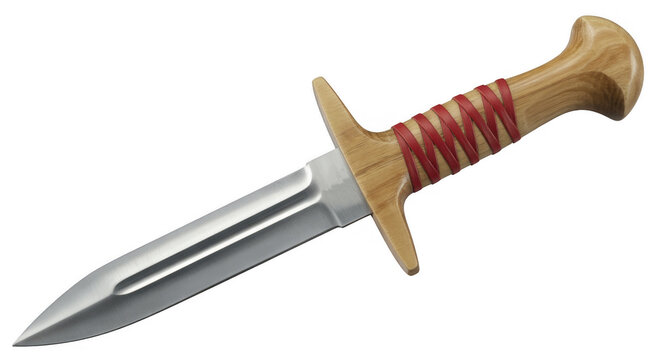 Silver dagger with wooden handle and red wrapping knife isolated on a transparent background