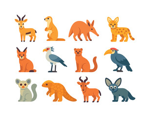 Naklejka premium Grassland Animal Icons. Grassland fauna. Colorful flat vector icons set of grassland fauna: gazelle, ground squirrel, aardvark, serval, caracal, secretary