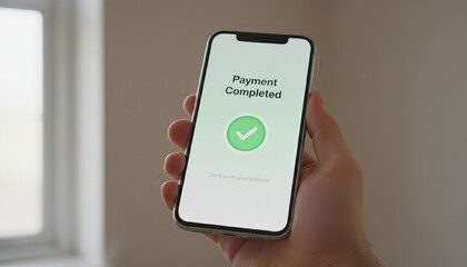 Hand holding a smartphone displaying a 'payment completed' message with a checkmark, symbolizing successful online transaction, digital shopping, and convenient mobile banking