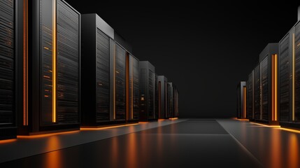 Servers lined up in a dark room with amber lights highlighting the infrastructure