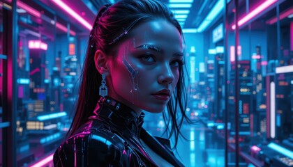 Elegant Blonde Woman With Cybernetic Arm Smoking In A Neon Office