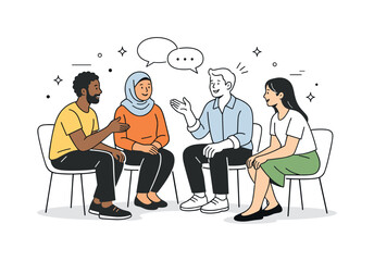 Inclusive Team Collaboration. Multicultural team discussion. Team members with different backgrounds calmly talking and listening to each other. Open