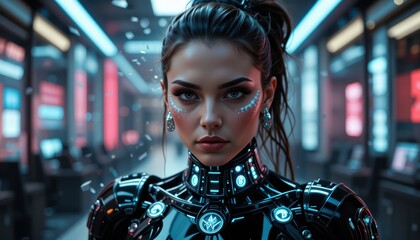 High Tech Female Cyborg in Futuristic Corporate Office Interior Environment
