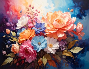 A vibrant, watercolor-style floral arrangement bursts with color. Large, open blooms mix with delicate buds against a soft, abstract background