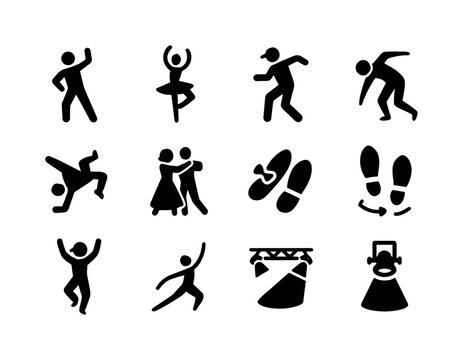 Dance Icon Set. Dance. Solid icon set of dance: dancer silhouette, ballet pose figure, hip-hop dancer, contemporary dance move, breakdance spin icon, ballroom