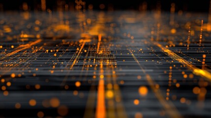 Backend infrastructure with amber highlights shows network pathways and digital connections