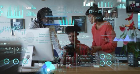 Animation of financial data processing over diverse business people in office - Powered by Adobe