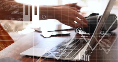 Animation of financial data processing over caucasian woman using tablet - Powered by Adobe