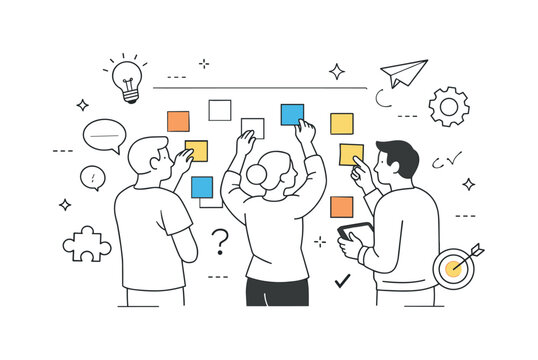 Creative Team Collaboration. Creative ideation meeting. Colleagues placing and rearranging sticky notes on a wall. Collaborative thinking and shared problem