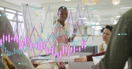 Animation of financial data processing over diverse colleagues having meeting in office - Powered by Adobe