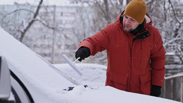 man in winter clothes clean ice and snow from car's windshield with scraper warming up car parked on residential street cold morning. Scene everyday winter life weather conditions and urban lifestyle