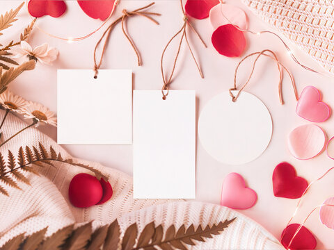 Mockup of three blank white gift tags with pink hearts, daisies and knitted plaid for Valentine's Day. Generative AI - Powered by Adobe