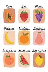 Fruit of the Spirit. Christian Bible verse illustration. Love, joy, peace, patience, kindness, goodness, faithfulness, gentleness, self control. Watercolor fruit art for faith decor.