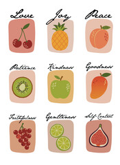 Fruit of the Spirit. Christian Bible verse illustration. Love, joy, peace, patience, kindness, goodness, faithfulness, gentleness, self control. Watercolor fruit art for faith decor.