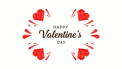 Happy Valentine's Day Greeting Card Design With Geometric Red Hearts And Abstract Splashes On White Background