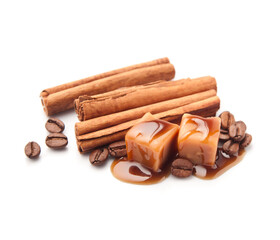 Cinnamon pods and coffee bean, caramel with topping
