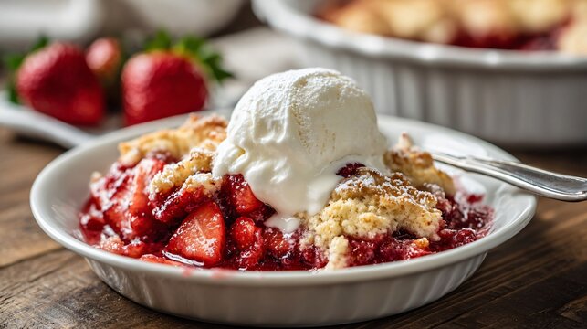 Strawberry cake cobbler served in a white farmhouse dish, timeless comfort-food look