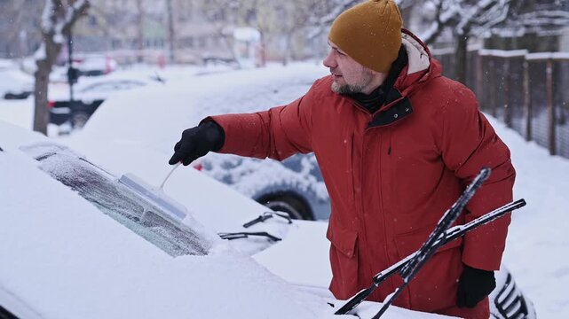 man in winter clothes clean ice and snow from car's windshield with scraper warming up car parked on residential street cold morning. Scene everyday winter life weather conditions and urban lifestyle