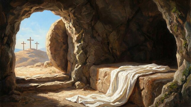 The tomb is empty Easter wall art. Resurrection of Christ painting. Empty tomb illustration. Christian faith poster with cross and light.