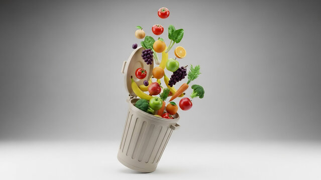 Fruits spill vigorously out of the bin composition.
