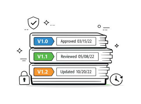 Document Organization Illustration. Compliance and version control. Stacked documents with labels and timestamps. Accuracy and traceability, minimal lock and