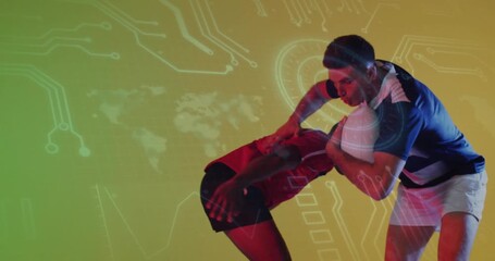 Rugby ball carrier shifting weight and fending off defender in rugby training with circuit graphics