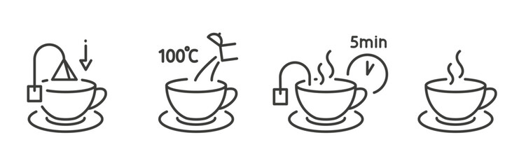 tea preparation instruction, icon set of process cooking hot drink, making cup with kettle for pour water, time brew tea, line vector art