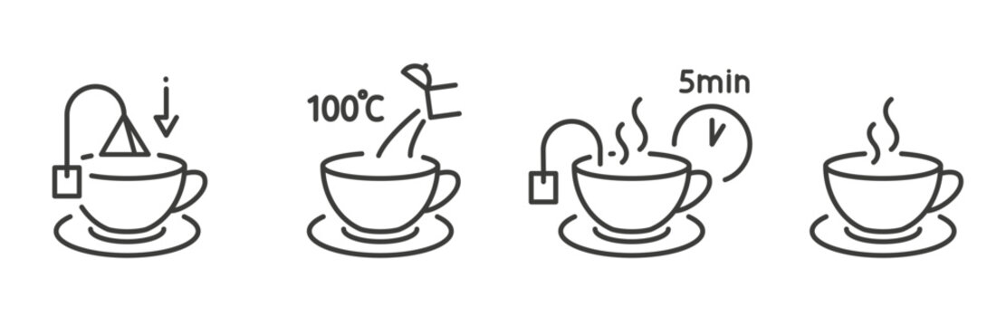 tea preparation instruction, icon set of process cooking hot drink, making cup with kettle for pour water, time brew tea, line vector art