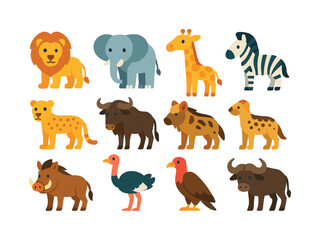 Fototapeta premium Savanna Animals Icons. Savanna animals. Colorful flat vector icons set of savanna animals: lion, elephant, giraffe, zebra, cheetah, wildebeest, hyena, warthog,